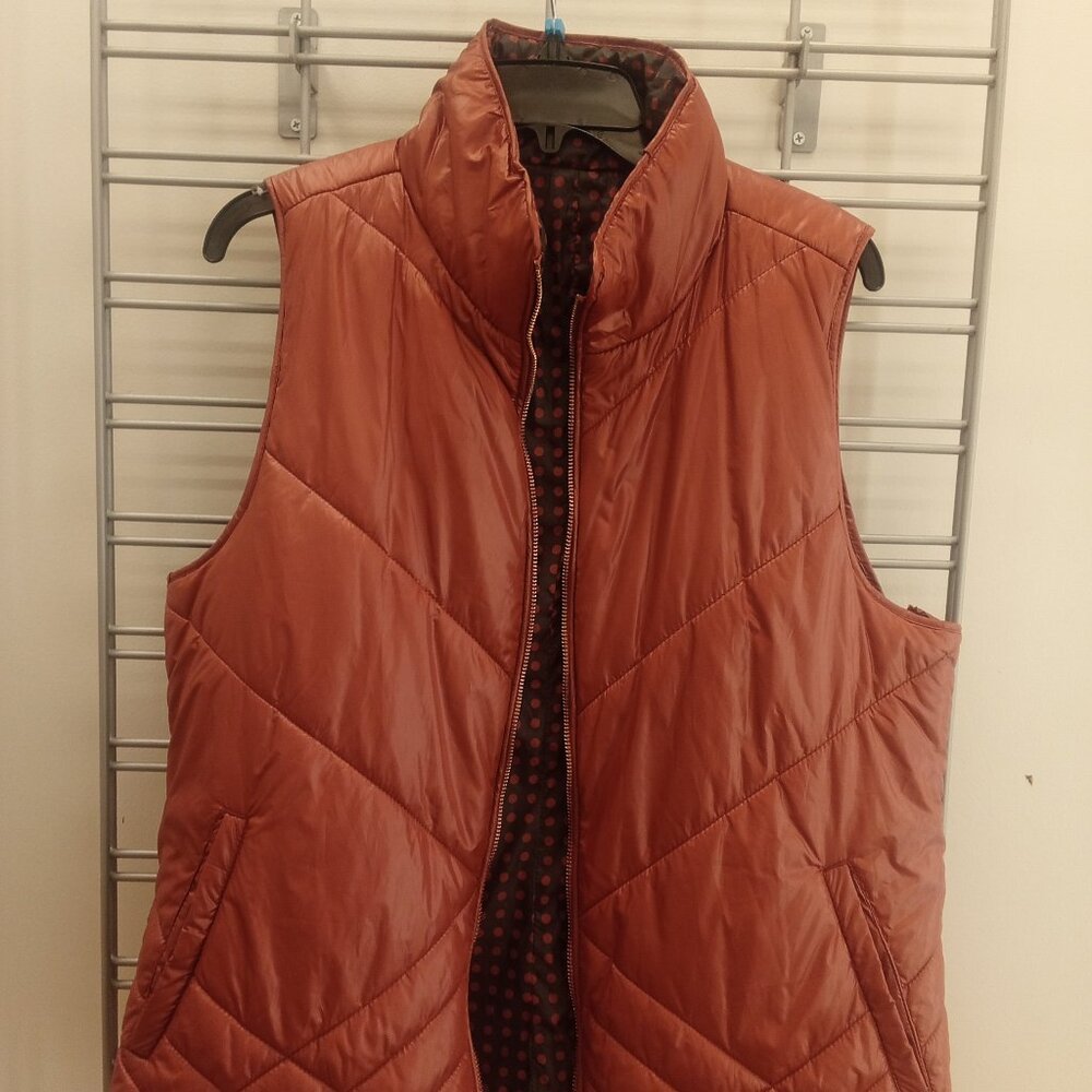 Women Full Zipper Lined Sleeveless Puffer Vest Orange Brown Reversible